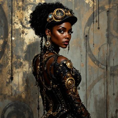 The primary subject of the image is a woman wearing a costume, which includes a corset and a hat. She is standing in front of a wall with a gold background. The visual style of the image is a photo, and the colors and mood are dominated by gold and black tones.